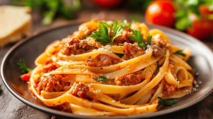 Pasta with a meaty tomato sauce and vegetables