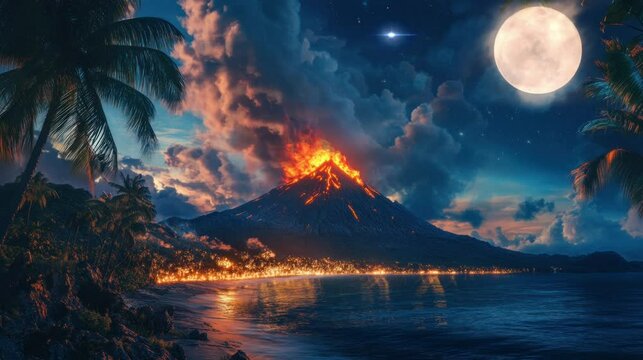 a very powerful volcanic eruption on the edge of the sea. seamless looping time-lapse virtual 4k video Animation Background.	