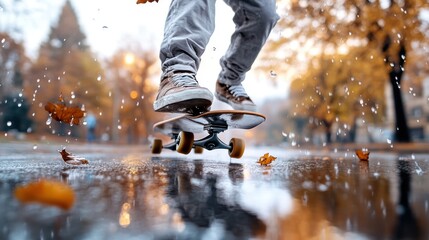 A skateboarder skillfully executing a move on a rainy, leaf-strewn autumn street, expressing vitality and adventure amidst the seasonal and urban backdrop.