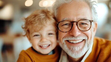 A grandfather in glasses joyfully holds his toddler indoors, representing a tender moment of familial love, happiness, and intergenerational relationships in a warm setting.