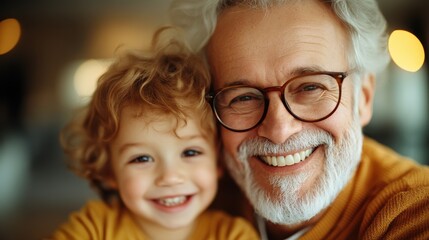 A joyful grandfather with glasses and his curly-haired grandchild smile brightly in a warmly lit setting, capturing a moment of familial love and happiness.