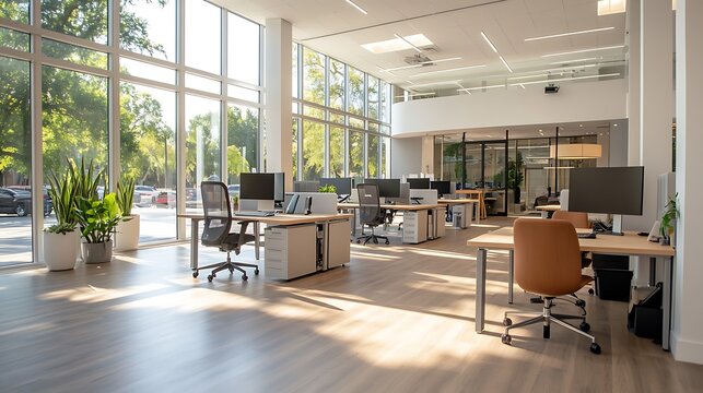 A bright coworking office with large windows, light wood flooring, and contemporary furnishings. The open layout includes both individual desks and communal tables, with an emphasis on creating