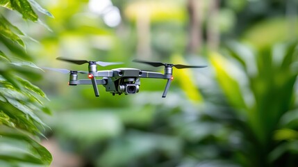A technologically advanced drone flying amidst lush jungle foliage, blending modern technology with nature's tranquility, capturing a peaceful yet innovative scene.