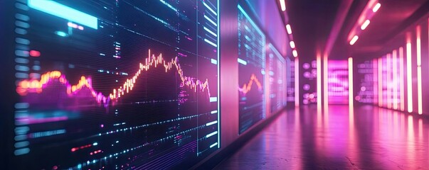 Obraz premium Futuristic hallway with glowing charts and graphs, ideal for finance, technology, or data visualization themes.