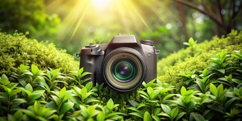 Eco-Friendly Camera Blending with Nature in Earthy Foliage Environment for Travel and Environment Concepts