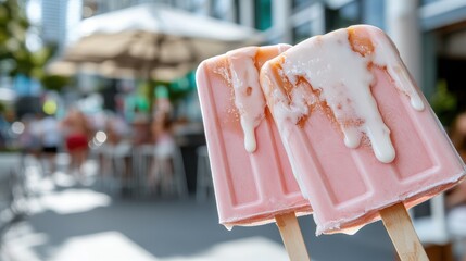 Two melting pink popsicles held by hand in front of an outdoor café, creating a sticky and delicious mess while showcasing the fun and savor of enjoying cold treats.
