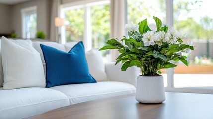 A bright and airy living room featuring a pristine white sofa adorned with a blue pillow and a white vase with green plants, exuding a fresh and inviting ambiance.