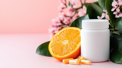 A white bottle of Vitamin C supplements is surrounded by oranges and orange capsules, set against a soft pink background with green leaves and flowers, symbolizing health and wellness.