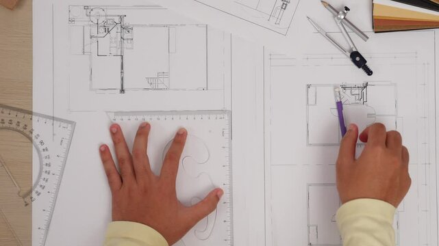 Slow motion interior designer drafting blueprint with customer supervise and oversee interior designer draw house room layout on home based on client demand. Architectural customer service. Variegated