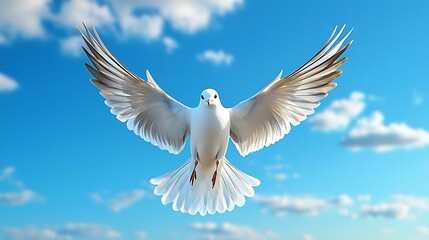 Obraz premium A white dove soars through a blue sky, gliding peacefully among the clouds.