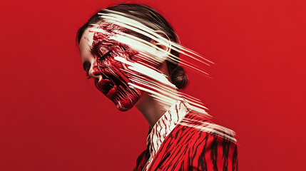 Blurred Reality:  A woman's face is distorted by streaks of white against a bold red background, creating a surreal and disorienting effect. Explore themes of perception, identity, and the fleeting na