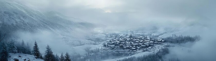 A serene winter landscape featuring a snow-covered village nestled in the mountains, surrounded by fog and tranquility.