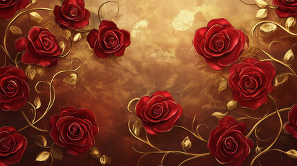 Red Roses with Gold Vines on Elegant Background. Luxurious design featuring red roses intertwined with golden vines on a rich textured background.