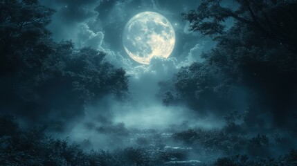 A serene night scene features a full moon illuminating a misty forest landscape, perfect for backgrounds in stories, invitations, or nature-themed projects, evoking a sense of peace and mystery,