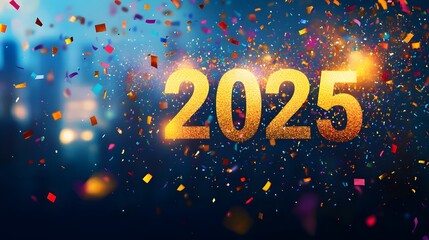 A festive image celebrating the new year 2025 with golden confetti and sparkling lights against a dark blue background.