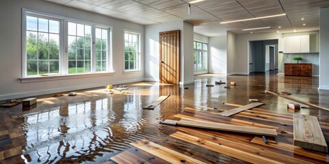 Flooded wooden floor house interior with water damage and floating debris