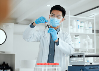 Scientist, blood test or man in laboratory for science breakthrough, clinical trial or discovery....