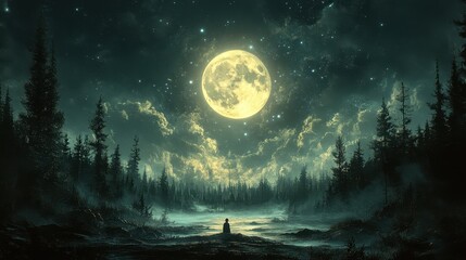 A serene night landscape features a person gazing at a bright, full moon above a misty forest and tranquil water, Ideal for themes of introspection, nature, relaxation, or artistic inspiration,