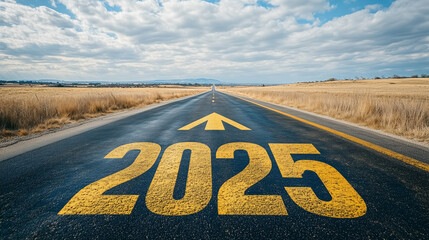 Road to 2025: Path Toward the Future. Long road with "2025" painted on the pavement and an arrow pointing forward, symbolizing the journey into the future.
