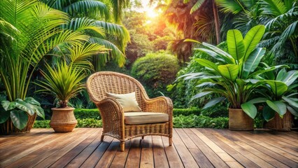 Obraz premium Rattan armchair on cozy wooden terrace overlooking lush garden with tropical plants
