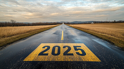 Road with 2025 Milestone Ahead.  A straight road with "2025" painted on it, symbolizing future goals and the journey ahead, perfect for motivational or planning themes.