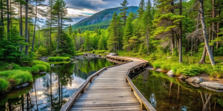 Serene boardwalk winding through lush forest beside Chimney Pond trail in Baxter State Park