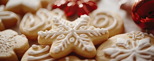 Fototapeta premium Deliciously decorated sugar cookies featuring intricate icing designs, perfect for festive celebrations and holiday gatherings.