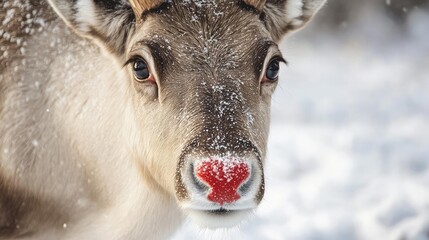 Close-up of a reindeer with a red nose surrounded by snow, capturing the charm of winter landscapes and festive wildlife.