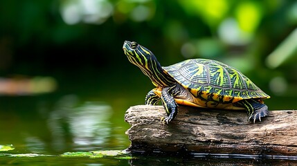 A green turtle rests peacefully on a log, basking in the sun on a tranquil pond.