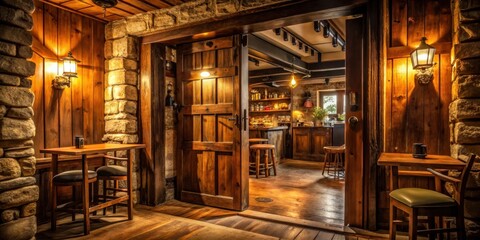 Rustic wooden door open to reveal cozy pub interior with warm lighting and vintage decorations