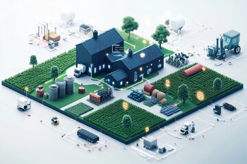 A modern cloud based farm management system with various crops and equipment.