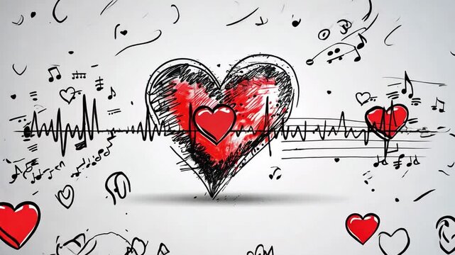 A vibrant heart illustration is surrounded by musical notes and an electrocardiogram line, capturing the essence of love and music in a creative and lively manner.