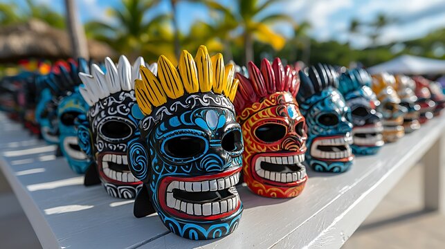 Vibrant Mayan skull masks sit on a white tabletop, showcasing rich colors and intricate details.