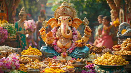 Fototapeta premium Ganesh Blessings: A bright and colorful depiction of Lord Ganesh blessing devotees, surrounded by joyous celebration and offerings of sweets and flowers, Ganesh
