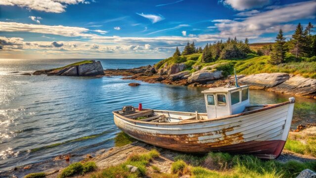 Rustic wooden fishing boat resting on rugged Nova Scotia coastline in Canada