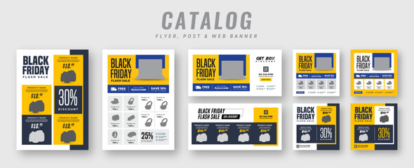 Supermarket product sale catalog flyer bundle with social media post | Black Friday web banner ads | Poster set for promotion | Cyber Monday square banner & catalog flyer