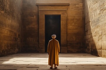 Naklejka premium A lone figure standing in the ancient temple, a sense of wonder fills the air.