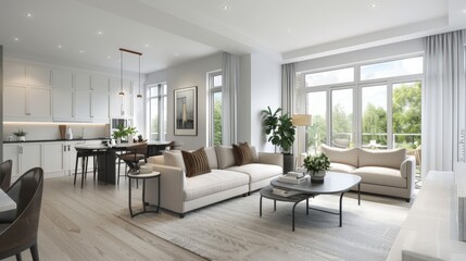 Fototapeta premium Modern Living Room with Open Kitchen and Balcony