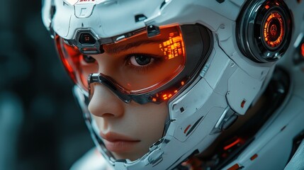 Fototapeta premium Futuristic close-up of a character in advanced technology gear.