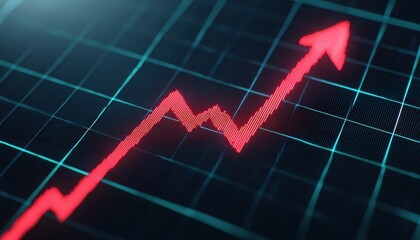 Naklejka premium Interest rates symbol, rising arrow on stock market board, 3D illustration. The US Federal Reserve cuts and raises interest rates. World economy