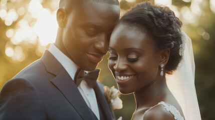 緑を背景に黒人の男女の結婚式の様子を捉えた画像