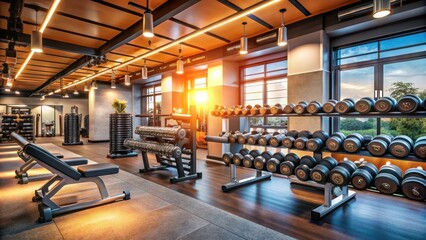 Modern Gym Interior with Neatly Organized Dumbbells under Warm Lighting for Energetic Workout session