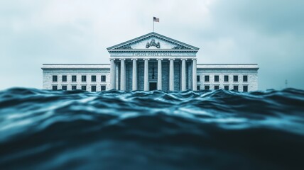 Fototapeta premium Federal Reserve building, economic impact waves, 3D illustration. The US Federal Reserve cuts and raises interest rates. World economy