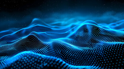 Abstract 3D Blue Dotted Landscape with a Dark Background and a Glowing Effect