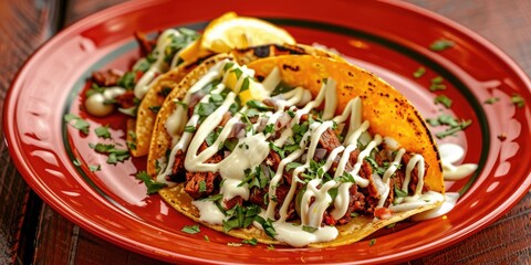 Savory al pastor taco served on a crimson plate with a splash of lemon.