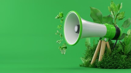 A green megaphone stands among lush foliage, symbolizing communication and environmental awareness.