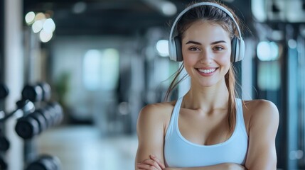 Fototapeta premium Happy active woman with headphones in fitness center or gym.