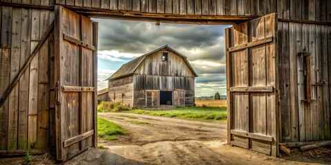 Decrepit old wooden barn viewed through open doors in isolated