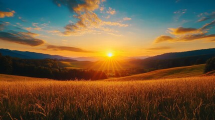 Fototapeta premium Golden Sunset Over Rolling Hills with Grass