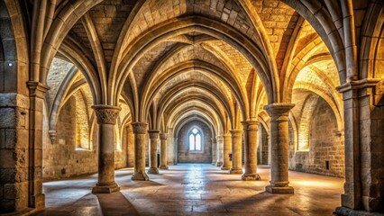 Fototapeta premium Ancient Stone Hall with Grand Arched Doorways in Soft Natural Light